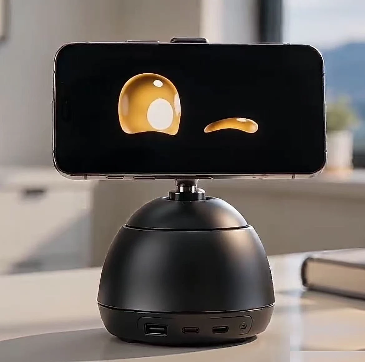 AI desk companion dock holding a phone that shows an animated face, with USB ports on the base