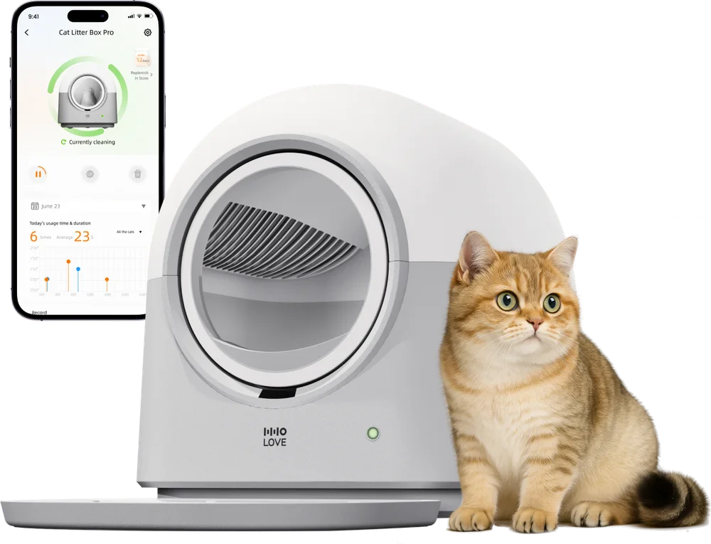 Self-cleaning smart litter box with app showing a cleaning cycle