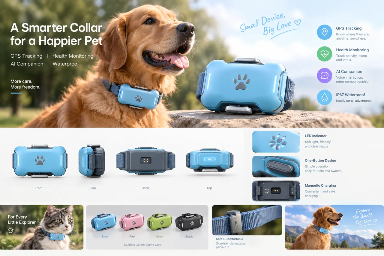 Design for a smart pet collar: GPS tracking, health monitoring and IP67 waterproofing, in four colours