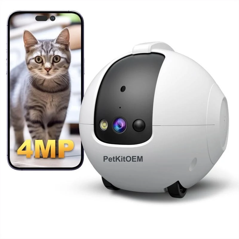 Mobile pet camera robot with a 4-megapixel camera, shown with the phone app