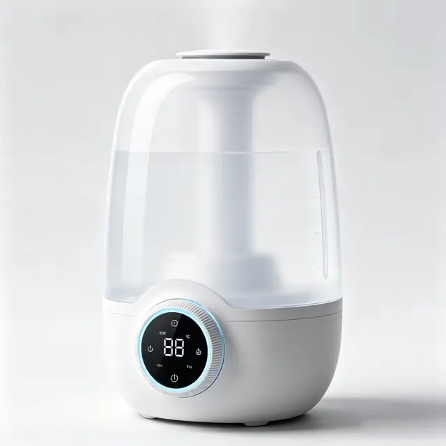 白色加湿器，底部带旋钮屏